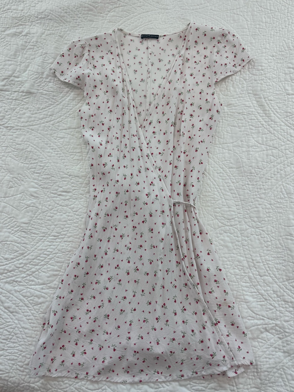 Brandy Melville White Mini Wrap Dress with Pink Floral Print